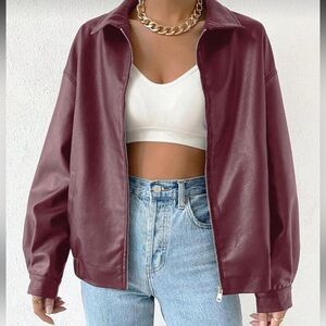 Womens Burgundy Faux Leather Jacket